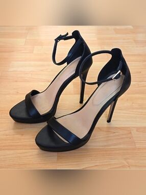 Aldo Black Strappy Patent Leather Stiletto Heels | Platform Open Toe | Size 7.5